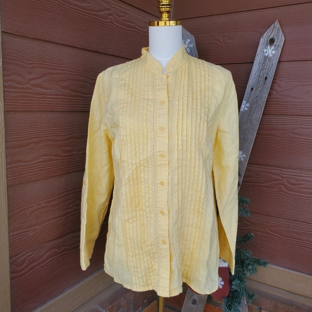 JM Collection Size 8 100% Linen Pastel Yellow Women's Buttondown Blouse NWOT